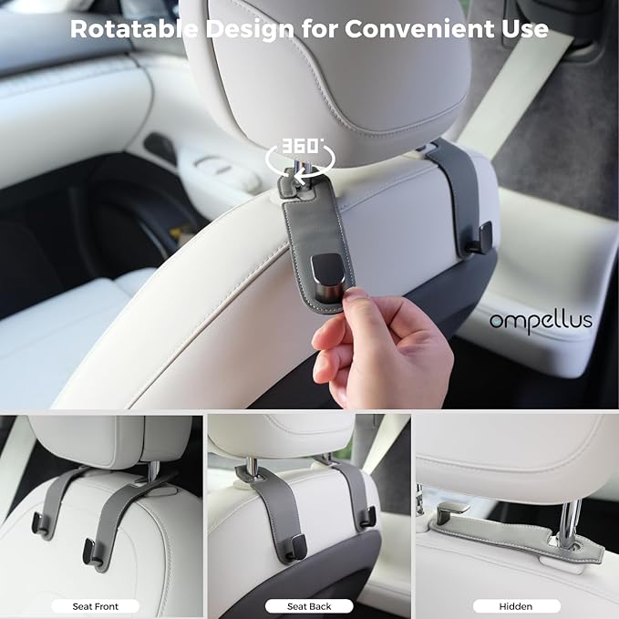 Car Headrest Hook, 2 Pack Leather Car Seat Hooks for Purses and Bags, Car Organization Accessories (Grey)