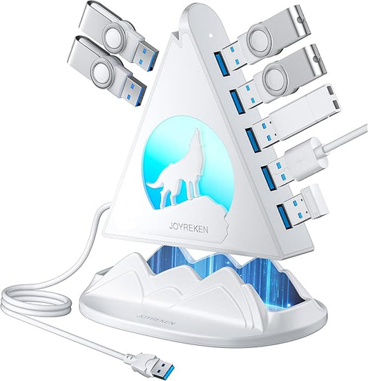 USB Hub 3.0, 7-Port USB Hub with RGB Night Light and Base, Vertical USB a Splitter for Desktop,Laptop, MacBook, Game Console, Flash Drive, XPS, PC, Printer, Camera, Keyboard（White+Base）