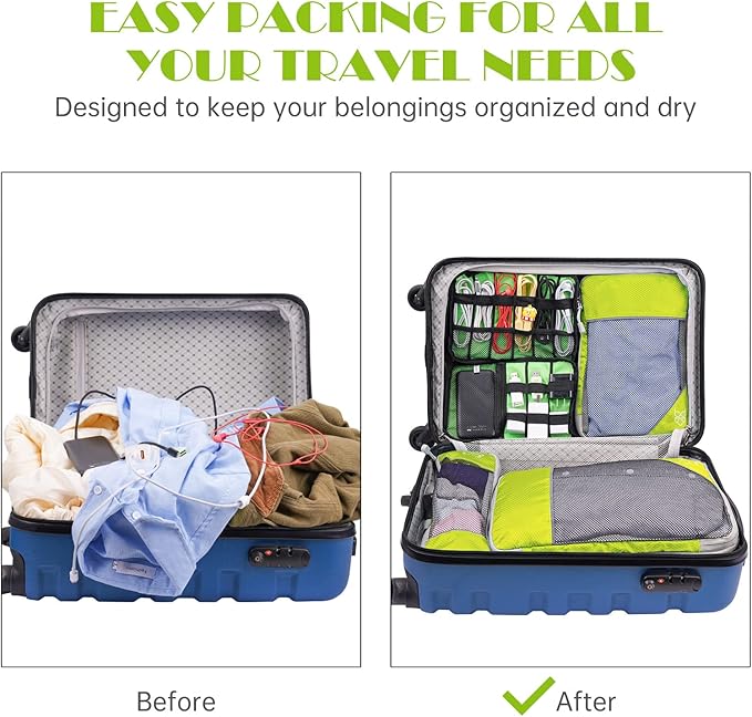 NiHome 7PCS Compression Packing Cube Set Expandable Mesh Travel Bag Luggage Organizers with Electronic Cable Cord Charger Organizer Drawstring Bag (Green)