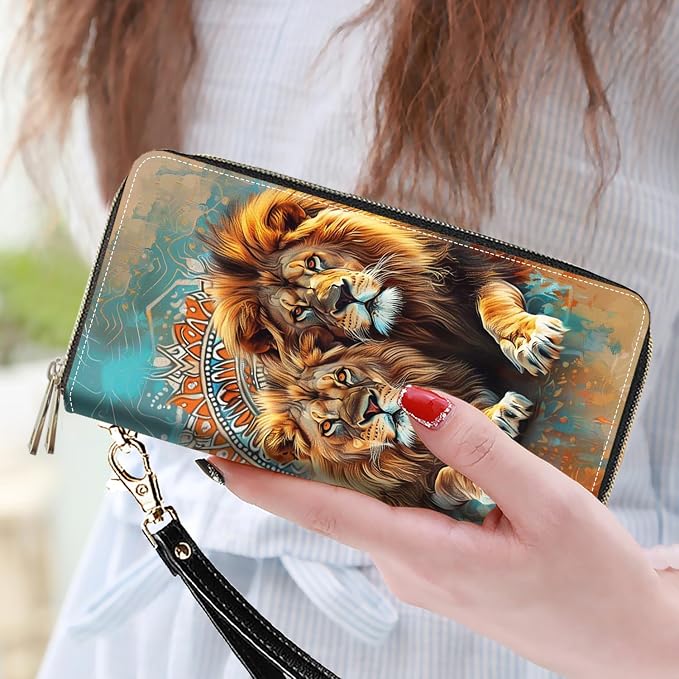 Women's Large Capacity Wallet PU Leather Double Zipper Clutch Purse Multifunctional Wallet with Removable Wristlet Strap for Smart Phone/Coin/Card/Cash - Lion