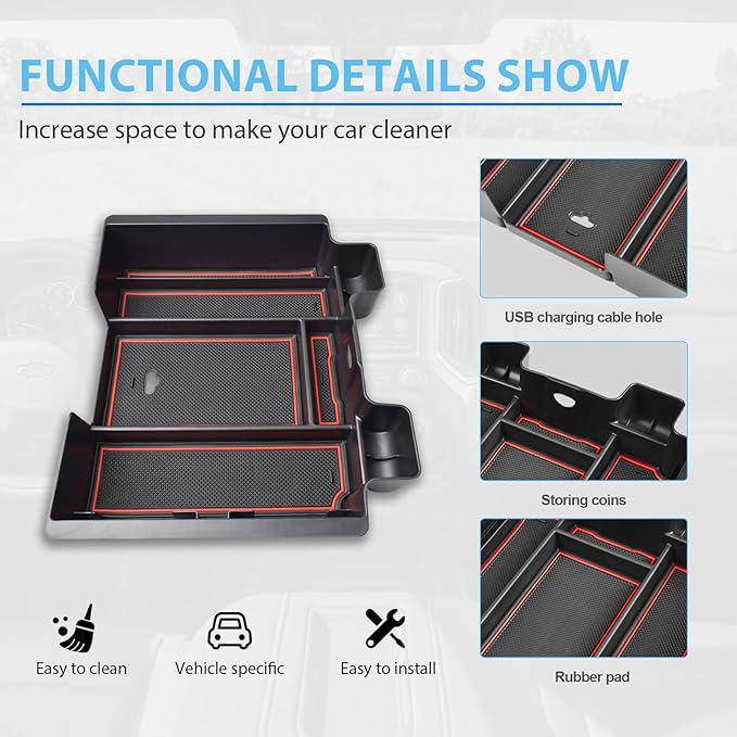 Center Console Organizer Compatible with 2019-2022 Chevy Silverado/Sierra 1500 and 2020-2023 Silverado/Sierra 2500HD 3500HD Accessories Armrest Full Size Tray,Full Console w/Bucket Seats ONLY,Red