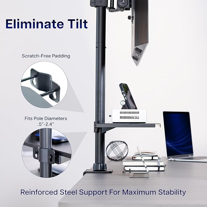 VIVO Universal Steel 24 x 8 inch Shelf Pole Mount for TV Cart, Attaches to 0.5” to 2.4” Poles, Speaker & Microphone Stands, Clamp-on Utility Storage Surface, Black, MOUNT-SF24P