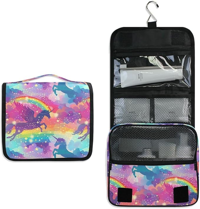 senya Hanging Travel Toiletry Bag Cute Kit Makeup Case Cosmetics Organizer for Men Women (Rainbow Winged Unicorn)