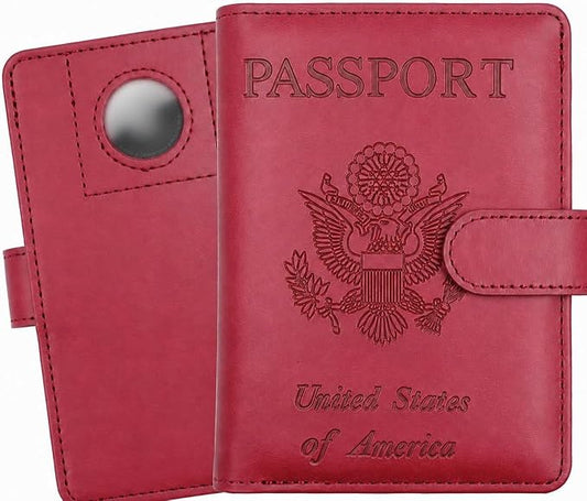 Passport Holder with Air-Tag Slot RFID Blocking Leather Travel Wallet | Multiple Card Compartments, SIM Card Access, Compact Carry Design, Flight Ready Essentials for Men & Women, Red