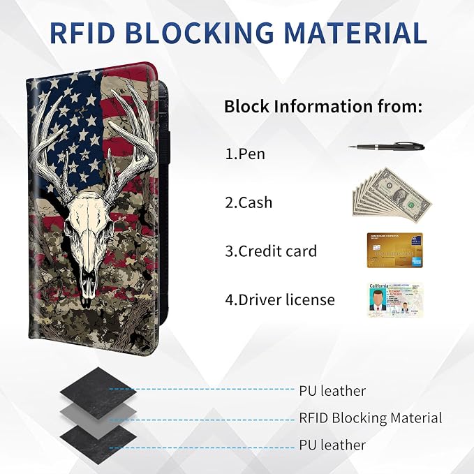 DEGDFSGR Checkbook Cover PU Leather Checkbook Covers for Women for Duplicate Checks, Check Book Covers with RFID Blocking Function for Personal Checkbook, Deer Skull American Flag