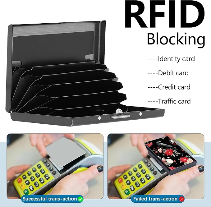 Credit Card Holder Crow Flower Design Mini RFID Blocking Aluminum Wallet Slim Metal Hard Cover Shell Travel Wallet ID Cases Small Credit Cards Case Business Cards for Women Men Girls