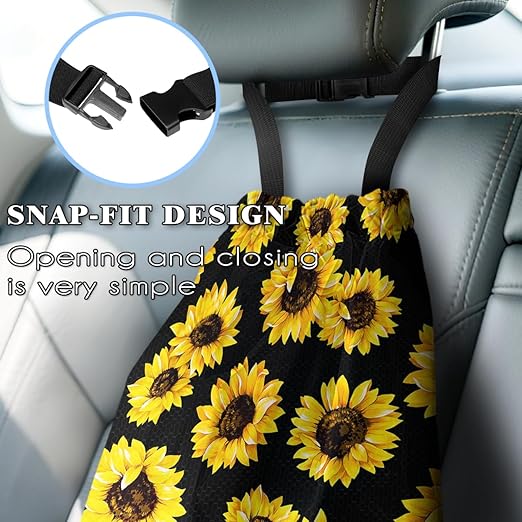 Car Trash Bag Hanging Back of Seat with Adjustable Snap Buckle Strap Cute Printed Drawstring Garbage Bags for Car-Sunflower