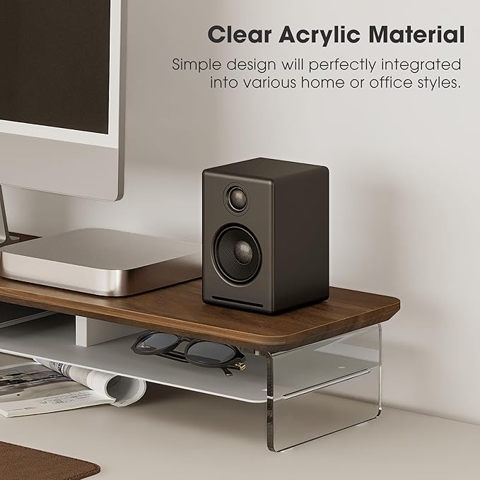 Fenge Acrylic Monitor Stand, 42.5 Inch Clear Dual Monitor Riser with Metal Storage, 2 Tier Computer Riser with LED Lights for Desk, Laptop, Printer, TV