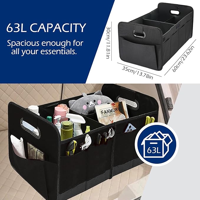 Foldable Car Trunk Organizer - 63L Collapsible Multi-Compartment Storage with 10 Side Pockets, Reinforced Handles & Waterproof 600D Oxford Polyester - Fits Car, SUV, Minivan - Black
