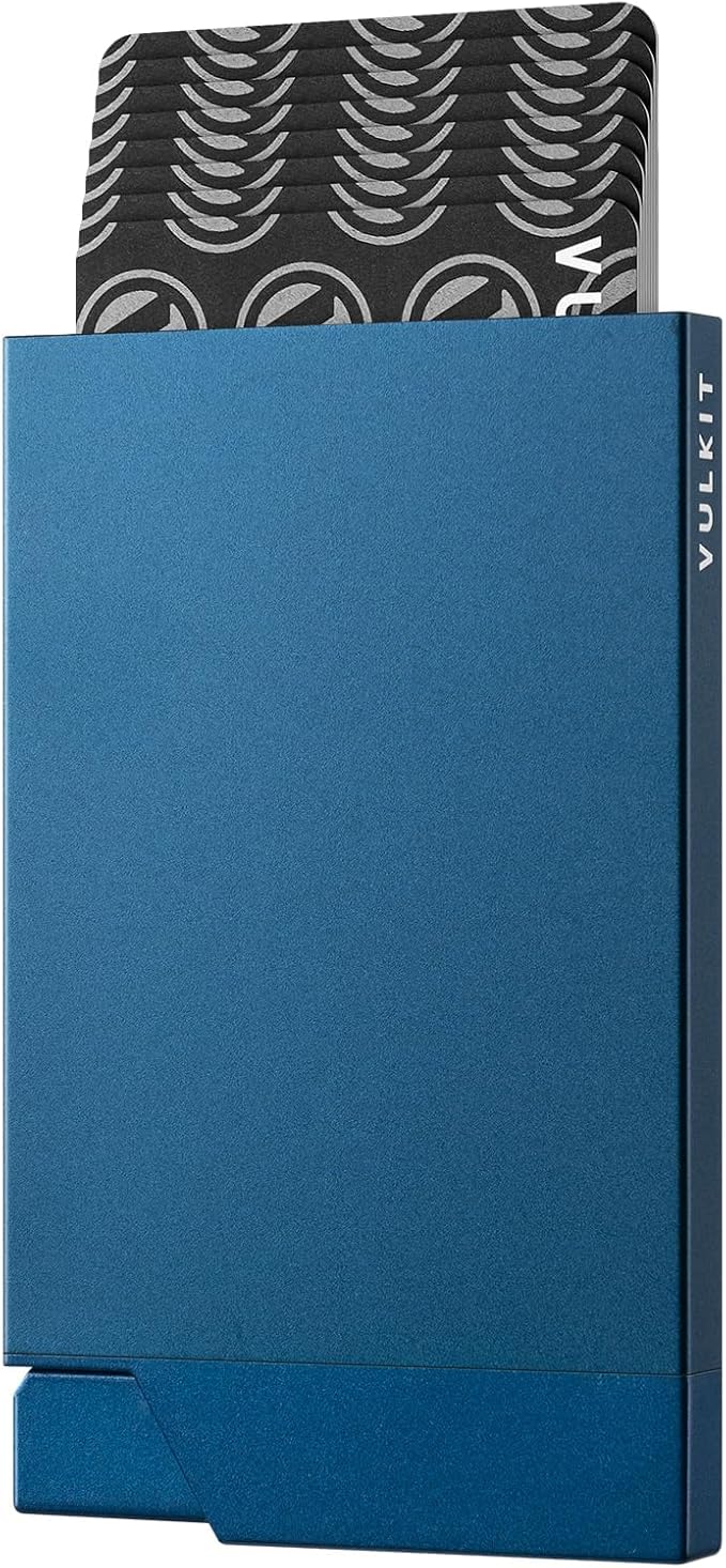 VULKIT Pop up Card Holder Minimalist Credit Card Holder RFID Blocking Slim Metal Card Case for Men or Women (Navy)