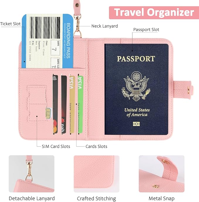 Passport Holder RFID Protected Wallet and Luggage Tag with Protection Cover Travel Accessories Leather Card Case Organizer for Women Men (Pink)
