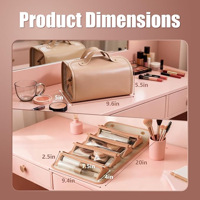 Large Expandable Makeup Bag, 4-in-1 Waterproof Makeup bag, Cosmetic Bag with Detachable Interior Pockets, Ideal for Women Travel Essentials(Brown)