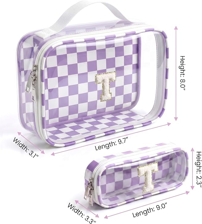 LETGO Initial Makeup Bags for Women, Personalized Portable Cosmetic Bag with Zipper,Cute Beach Makeup Pouch, Bridesmaid Gifts for Wedding Day,Girl Preppy Trendy Stuff Beach Essentials(T,Purple&Beige)