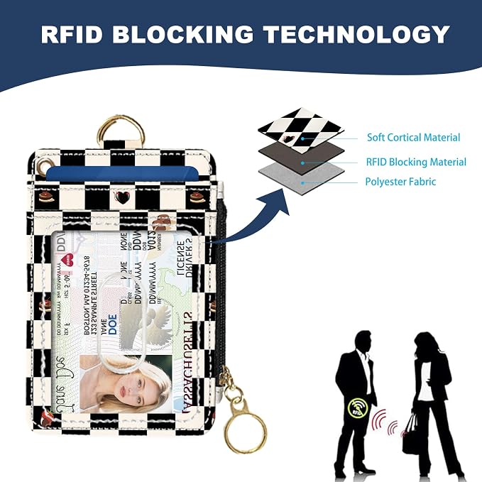 Slim Wallet Credit Card Holder, Checkered Pattern And Cake, RFID Wallet Women Cute Small Front Pocket Wallet With Zipper, PU Leather Thin travel RFID Blocking Card Case ID Window ,Ladies Gifts