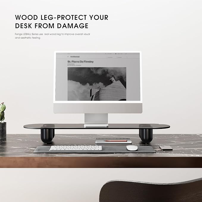 Fenge Monitor Riser, 34 Inch Dual Monitor Stand for Large Monitors, Desk Organizer with Glass Shelf & Solid Wood Legs, Computer Stand for Laptop, TV, PC, Printer, Black