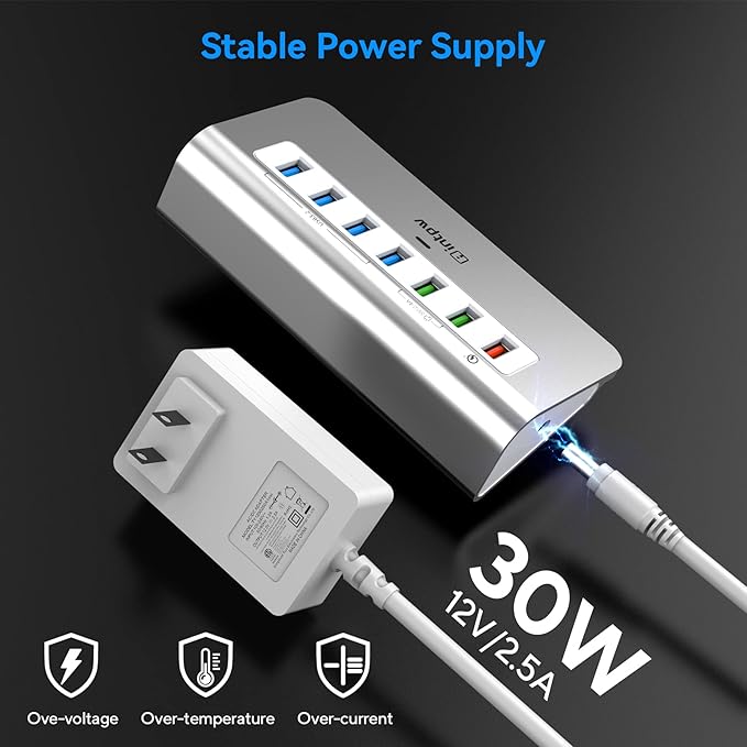 Powered USB Hub 10Gbps, 7 Port USB 3.2 Gen 2 Hub with 4 USB 3.2 Data Ports, 3 Fast Charging Ports, 36W Power Adapter, Type A and Type C Cable, Aluminum USB Data Hub for Mac, PC, Laptop