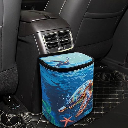 Biyejit Car Trash Can with Sea Turtles Starfish Print Car Garbage Can Car Waste Basket, Leak-Proof Car Trash Bin, Car Trash Hanging Car Accessories Interior Car Organizer Bag