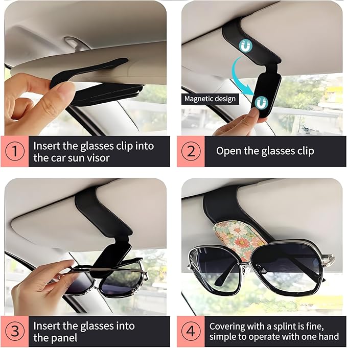 Sunglasses Holder for Car Visor, PU Leather Glasses Clip Organizer, Cute Magnetic Eyeglass Holder for Vehicle Sun Visor, Car Interior Accessory for Women & Men Retro Daisy Floral