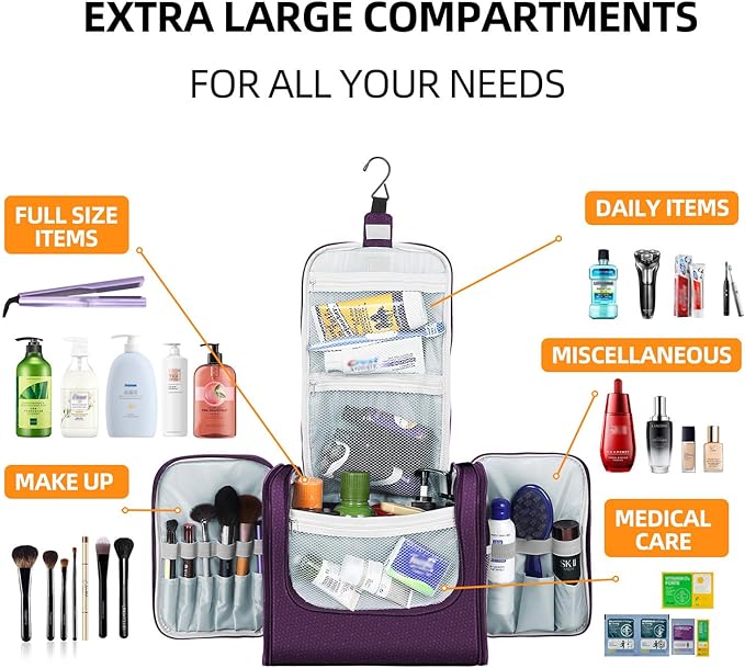 Buruis Extra Large Toiletry Bag for Women and Men, Hanging Travel Bag with Detachable Shoulder Strap for Full-Sized Toiletries, Water-Resistant Dopp Kit for Family Use and Long Trips, Purple