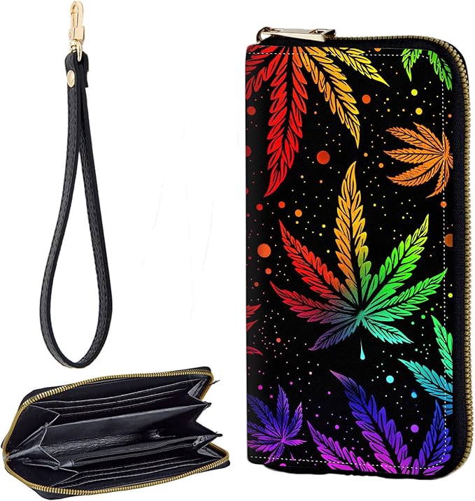 Zip Around Wallets for Women with Detachable Wrist Strap, Large Capacity RFID Blocking Leather Purse Organizer Card Holder Wristlet,Psychedelic Weed Leaf