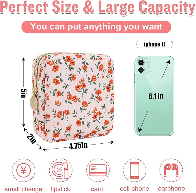Nylon Mini Floral Makeup Bag for Purse, Small Cute Pink Makeup Bag Preppy Flower Cosmetic Zipper Pouch, Waterproof Travel Coin Pouch Sanitary Napkin Storage Bag Makeup Organizer for Women(Pink-Floral)