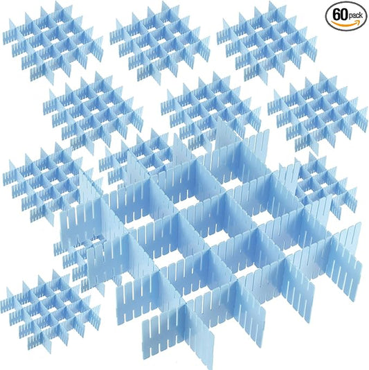 JOIKIT 60 PCS Blue Plastic DIY Grid Drawer Dividers, Adjustable Organizer, Household Storage Makeup Socks Underwear Organizer