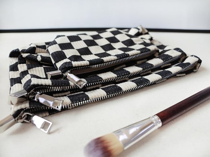 HAPPYHEIDI Checkered Corduroy Makeup Bag Set 3 Women Cosmetic Toiletry Travel Pouch Purse Accessory Organizer, 3-Size, Vintage Black White