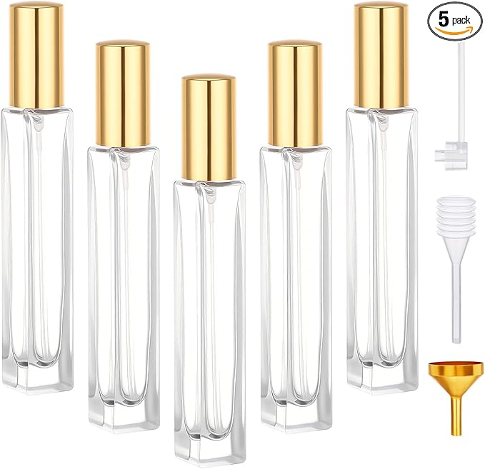 Segbeauty 0.34oz Clear Glass Perfume Atomizer for Travel Refillable Bottle, 5pcs Fine Mist Cologne Spray Bottles with Gold Cap, 10ml Empty Perfume Sprayer with Refill Kit, Small Liquid Containers