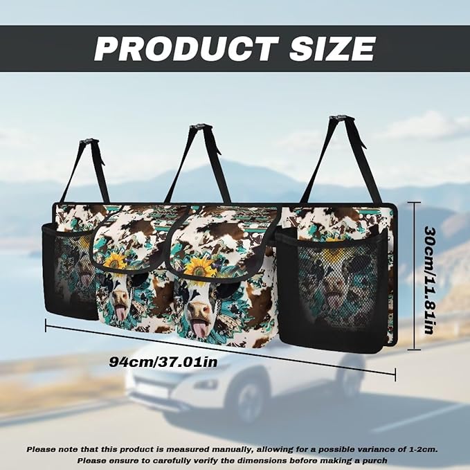 Aztec Tribe Sunflower Car Trunk Organizer,Backseat Hanging Large Storage with Adjustable Straps,Funny Cow Design Collapsible Cargo Bag,Car Interior Accessories Not Easy to Fade