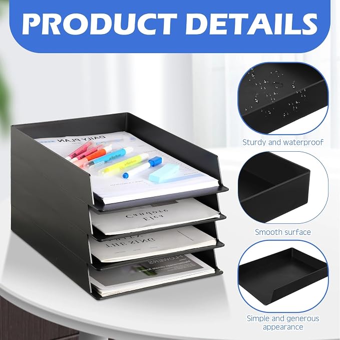 Wenqik 8 Pcs Stackable Paper Trays Rectangular Plastic Desk Holder Desktop Document File Organizer Storage Letter for Office Classroom (Black)