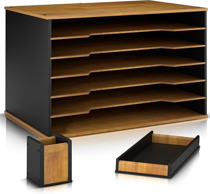 Wooden Paper Organizer 20.25"W x 12.25"H x 13.25"D, 6-Tier Storage for 12"x18" & 11"x17" Sheets, Includes Matching Pen Holder & Tray, Ideal for Office, Home, Art Room and Classroom