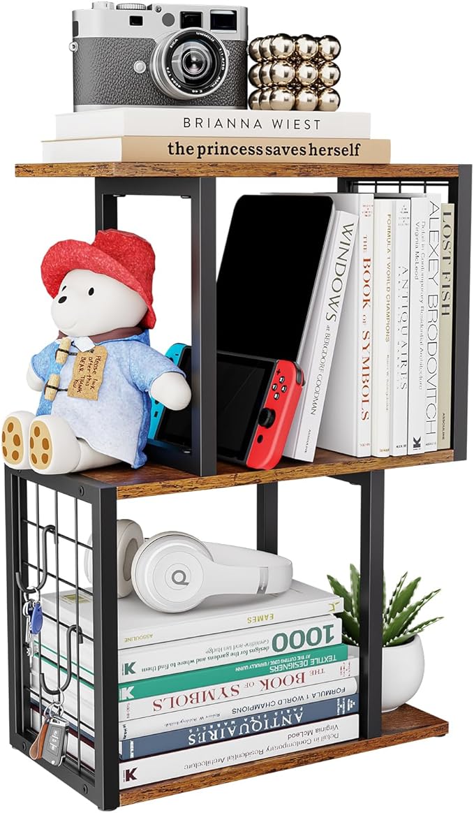 Desktop Bookshelf,3-Tier Desk Organizer Shelf with Hooks Desk Organization Deals for Office Storage Rustic Brown