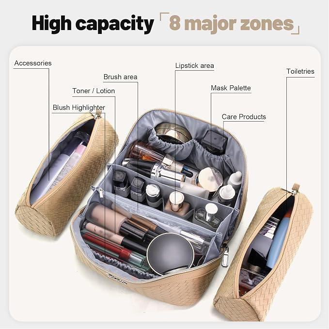 BOYATU Travel Makeup Bag Cosmetic Bags for Women: Large Capacity 3 Pcs Set Make up Bag with Compartments - Waterproof Vegan Leather Toiletry Organizer Bags with Handle (L12 Apricot)