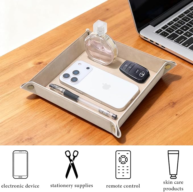 Valet Tray Desktop Storage Organizer – Premium PU Leather Catchall Bedside Vanity Tray Nightstand Caddy Holder for Remote Controller, Keys, Phone, Wallet, Coin, Jewelry,Apricot