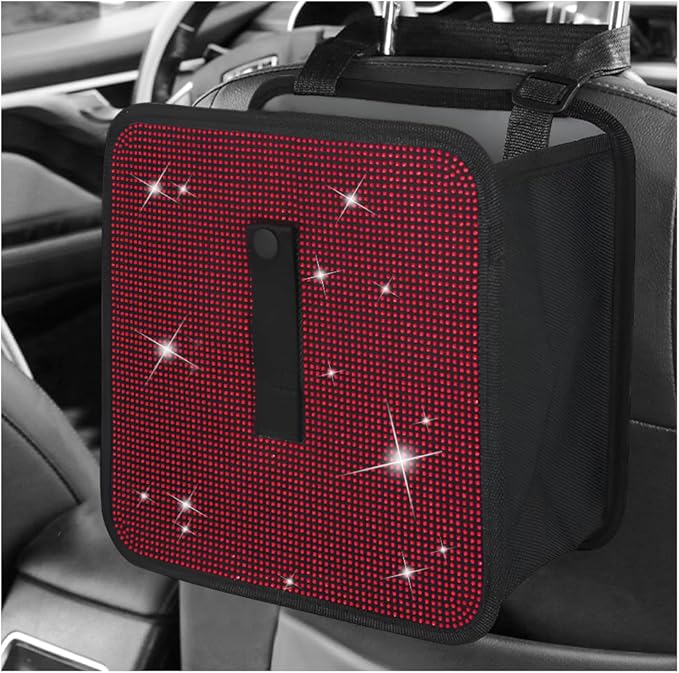 Car Foldable Trash Can, Bling Rhinestone Oxford Garbage Container Hanging Waterproof Organizer, Mini Crystal Dustbin Waste Basket Leakproof Trash Bin for Car Office Kitchen (Red)