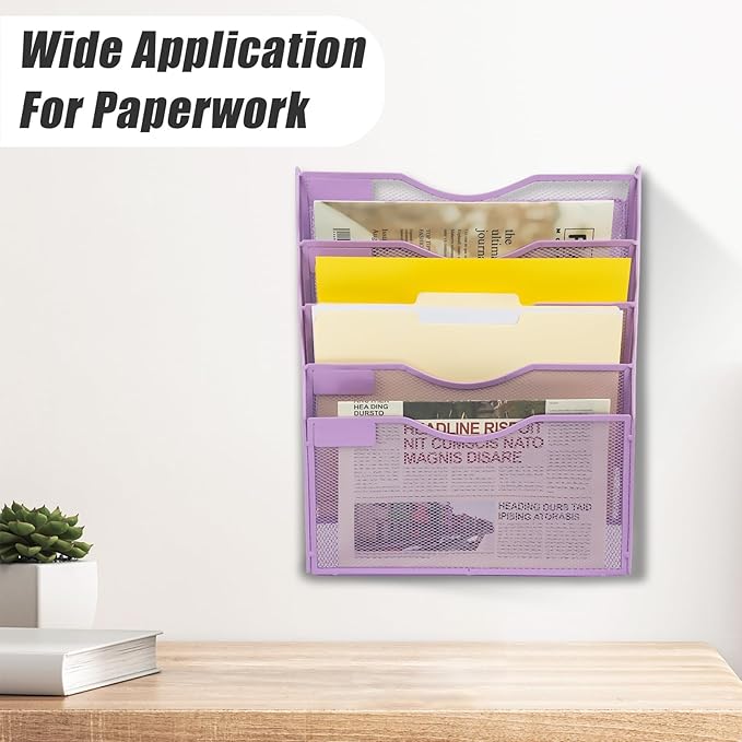 EASEPRES 5 Pocket Mesh Hanging Wall File Organizer, Wall Mounted Mail Paper Document Folder Holder, Clipboard Storage Organization Magazine Rack with Nametag Label for Office Home School, Light Purple