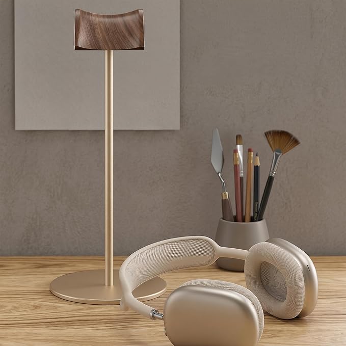 Headphone Stand, Walnut Wood & Aluminum Headset Stand, Nature Walnut Gaming Headset Holder with Solid Heavy Base for All Headphone Sizes (Gold)