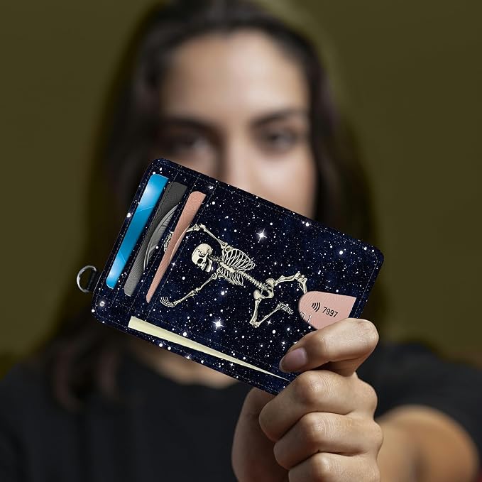 Small Travel Wallets, Dance Skull Skeleton Slim Minimalist Front Pocket Wallet with Wristlet, RFID Blocking PU Leather Credit Card Holder with ID Window Change Purse for Men Women