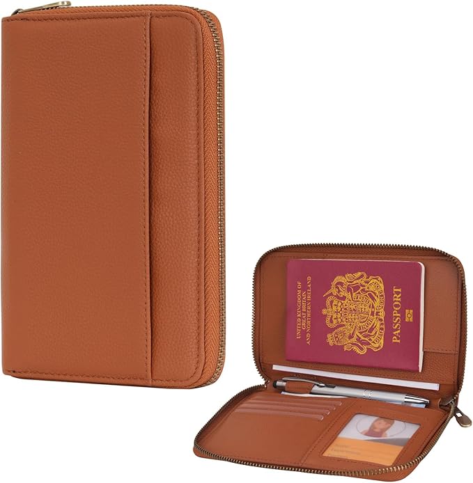 WASON Leather Zipper Travel Passport Wallet Holder RFID Blocking Cover, Passport case Pocket Slot for Card, Cash, ID, Boarding Pass and Ticket for Men, Women and Family Trips (Brown)