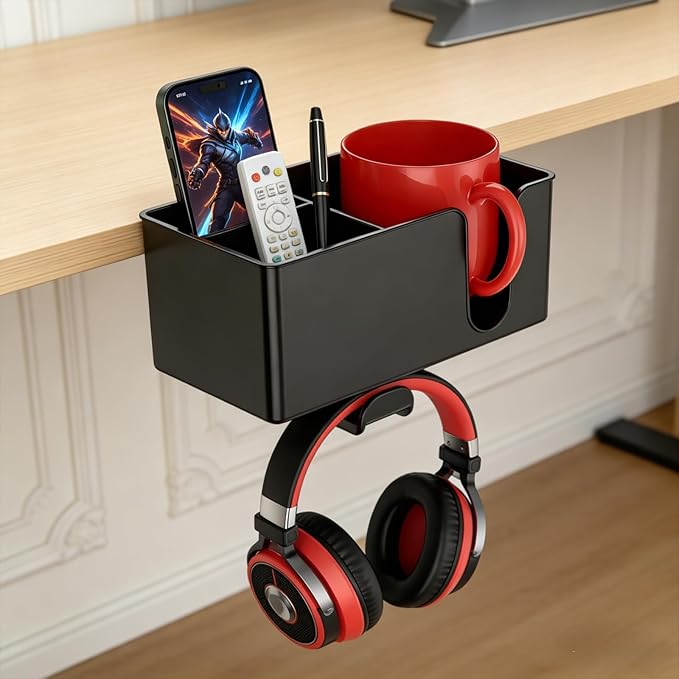 MYITYARD 4 in 1 Desk Cup Holder Clamp, Detachable Clip On Drink Holder with Rotating Headphone Hanger, Anti-Spill Desktop Organizer Pen Holder for Mug, Pen, Phone, Gaming Office Desk Accessories