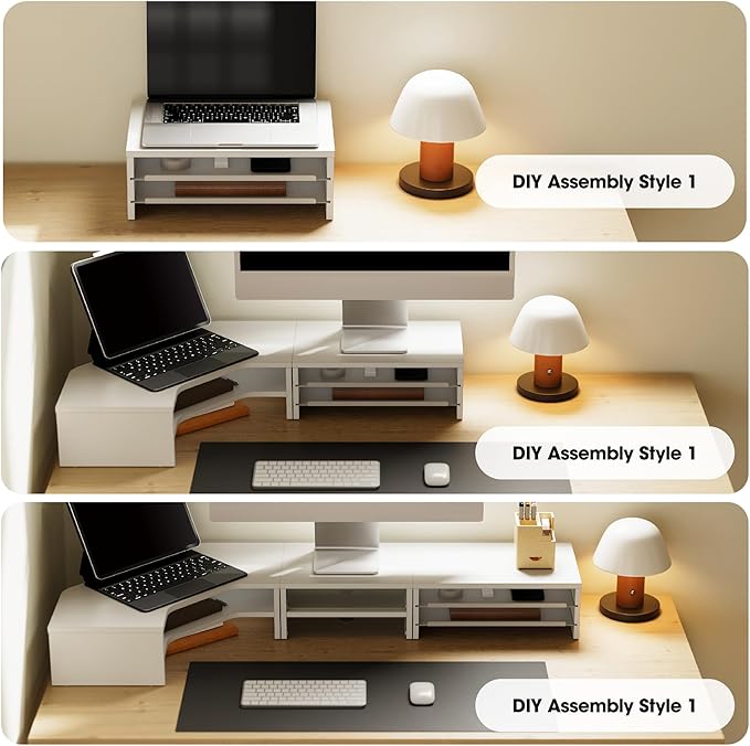 Fenge Monitor Stand, 3-Tier Monitor Riser with Slide-Out Tray, Wooden and Metal Desktop Organizer for Home Office, Computer, Laptop, Printer, Telephone