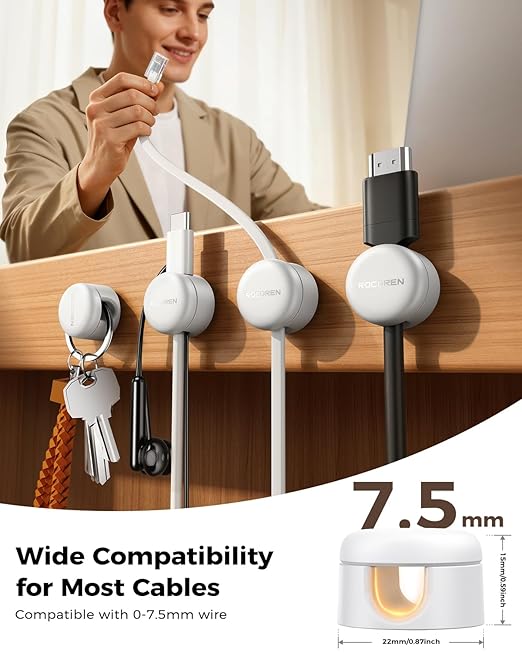 9-Pack Cable Clips [Upgraded], Rocoren Magnetic 360° Rotatable Cord Holder, Adhesive Cable Management Organizer, Wire Keeper for Nightstand Desk Car Home Office Accessories White