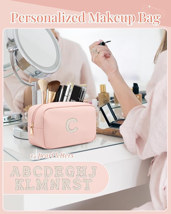 VLANDO Initial Makup Pouch Birthday Gifts for Teen Personalized Toiletry Bag w Zipper, Graduation Gifts Mothers Day Gifts Makeup Bag for Purse Preppy Stuff for Girls Letter C