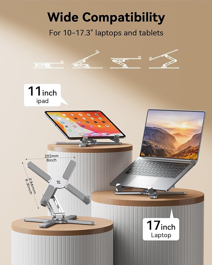 TECKNET 360° Rotating Laptop Stand for Desk, Ergonomic Foldable Computer Stand, Portable Laptop Riser Holder Adjustable Height Angles, Compatible with MacBook Air Pro All Laptops 10-17" Silver