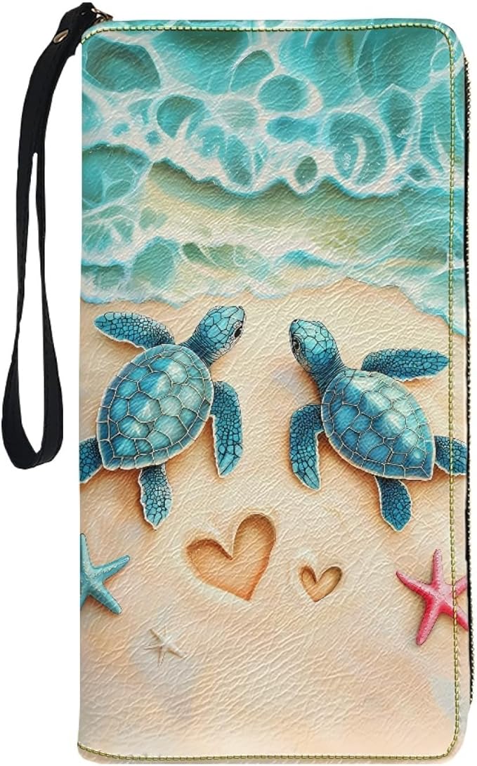 Bulopur Beach Sea Turtle Wallets with Wristlet for Women Envelope Long Wallets Zip Around Small Handbags PU Leather Travel Wallet Passport Holder for Ladies