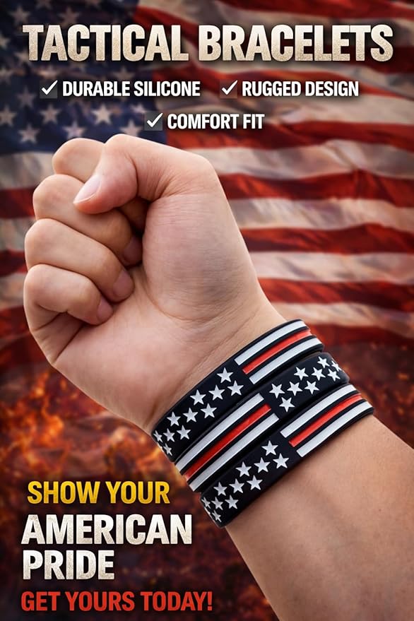 Black & Gray American Flag Engraved, Minimalist Wallet, RFID Blocking Aluminum Slim Wallet (Red Strap with 3 V. Band)