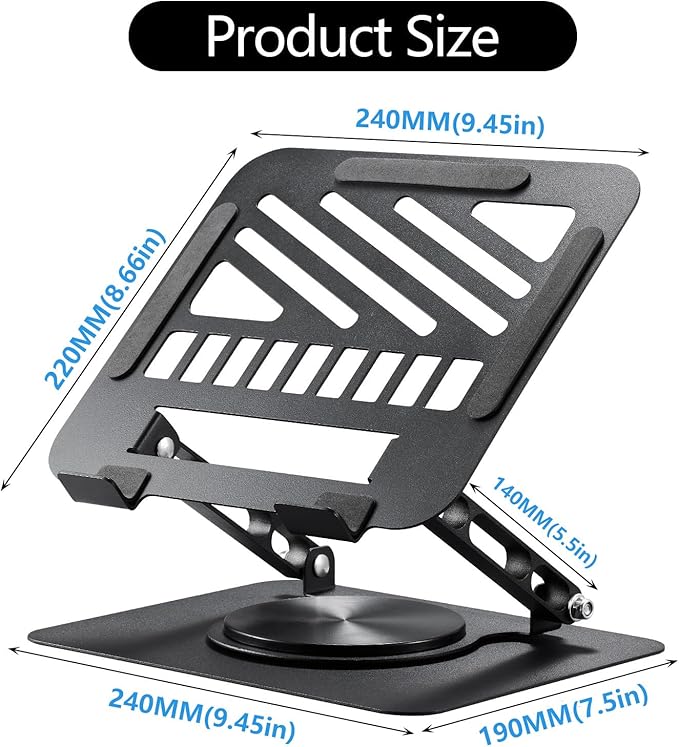 Laptop Stand for Desk Adjustable Computer Stand 360° Rotating with Hollow Ventilation Board Large Weight Capacity Laptop Riser Adjustable Height Laptop Stand for All 10" - 17'' Laptops