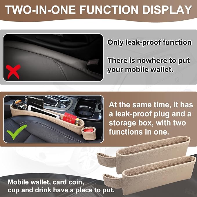 2 Pack Update Car Seat Gap Filler Organizer Leather Console Storage Box Front Side Pocket Seats Organizers Filler Interior Car Accessories for Phone Wallet Coin Key Sunglasses (Off-White)