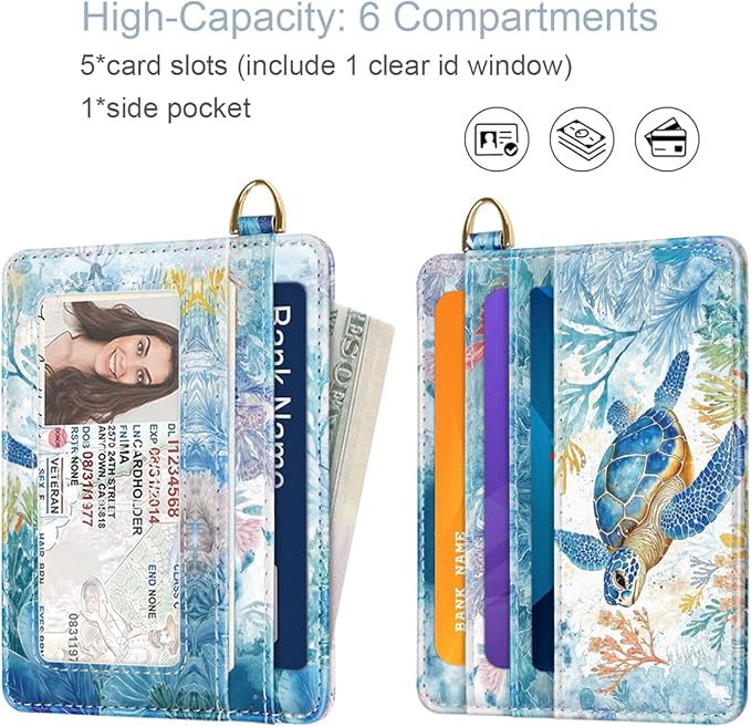Slim Credit Card Holder Wallet RFID Blocking Minimalist Wallets Lightweight Thin Small Cute Card Case for Women, Turtle