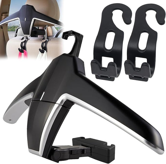 Car Back Seat Headrest Hanger 2 Car Hooks for Coat, Jacket, Suit, Clothes, Purse, Handbag, Grocery Bags - Multi-Purpose Storage Holder for Automobile - Black